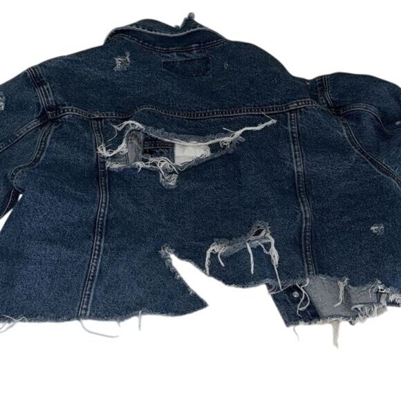 Vintage Wrangler Hero Distressed Cropped Denim Jacket With Raw Hem & Ripped Deta - Picture 10 of 11